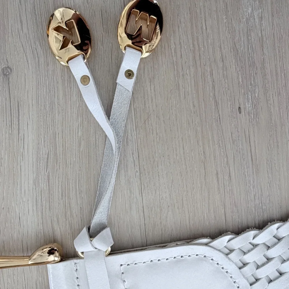 Michael Kors White Braided Leather Belt Gold Buckle MK Logo Charms Y2K XL